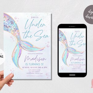 May include: A digital invitation for a child's birthday party with a mermaid tail design. The invitation is decorated with iridescent scales, glitter, and bubbles. The text reads "Join us Under the Sea, Our Little Mermaid Madison is turning 3!" with the date and time of the party.