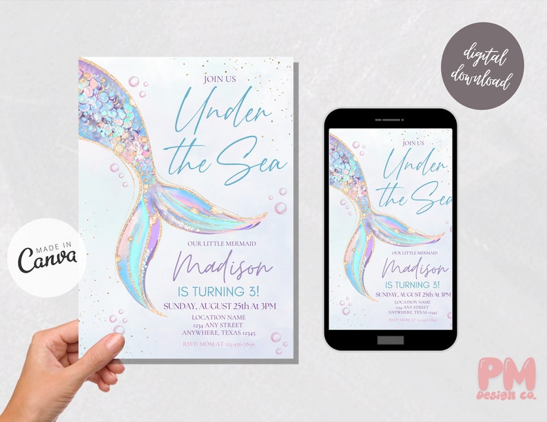 May include: A digital invitation for a child's birthday party with a mermaid tail design. The invitation is decorated with iridescent scales, glitter, and bubbles. The text reads "Join us Under the Sea, Our Little Mermaid Madison is turning 3!" with the date and time of the party.
