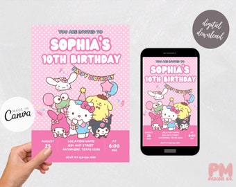 Editable Kitty and Friends Birthday Party Invitation Cute Kawaii Kitty Birthday Party Decorations Sanr-o Birthday Digital Template Invite