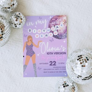 May include: A lavender birthday party invitation with a disco theme. The invitation features a cartoon illustration of a woman in a sparkly outfit, a disco ball, and the text "Olivia's 10th Version". The date is September 22.