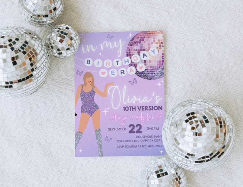 May include: A lavender birthday party invitation with a disco theme. The invitation features a cartoon illustration of a woman in a sparkly outfit, a disco ball, and the text "Olivia's 10th Version". The date is September 22.