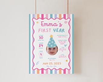 Fun to Be One Birthday Milestone Sign, One is Fun Party Hat First Year Board, Colorful Girl First Birthday Sign, Custom Photo 1st Birthday