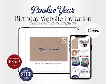 Rookie of the Year First Birthday Invitation Website Template, Baseball Birthday Invite with RSVP and Wishlist, Digital Canva Website Invite