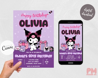 Editable K-romi Birthday Invitation Kawaii Kitty Birthday Party Digital Invite Sanr-o Birthday Invitation Template Kitty and Friends Party