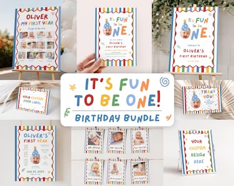 Fun to Be One Birthday Bundle, One is Fun Party Hat Birthday Party, Colorful Boy First Birthday Bundle, Custom Photo 1st Birthday Invite