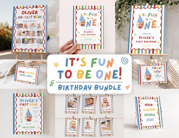 Fun to Be One Birthday Bundle, One is Fun Party Hat Birthday Party, Colorful Boy First Birthday Bundle, Custom Photo 1st Birthday Invite