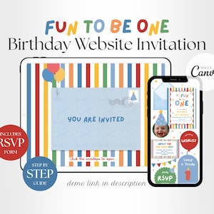 May include: A digital birthday website invitation template displayed on a tablet and smartphone. The design features colourful vertical stripes, a blue envelope graphic with the text YOU ARE INVITED, and sections for photos, a wishlist, and RSVP.