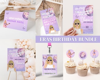 Digital Eras Birthday Bundle Trendy Taylor Birthday Era Invite Birthday Supplies Welcome Sign Cupcake Toppers Thank You Tags Eras VIP Pass