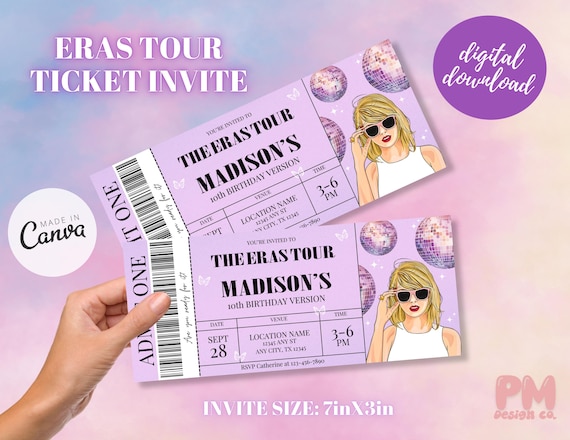 Editable Taylor Eras Party Ticket Invite Surprise Music Ticket Stub In My Birthday Era Trendy Taylor Invite Ts Concert Keepsake Memorabilia