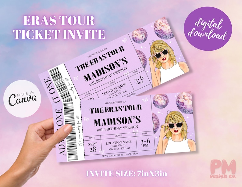 May include: A digital download invitation for "The Eras Tour" featuring a light purple design with a disco ball and a cartoon illustration of a woman wearing sunglasses. The invitation is 7in x 3in and includes the text "Madison's 10th Birthday Version."