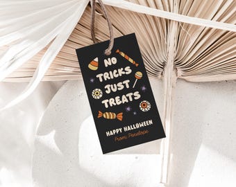 Halloween Gift Tags Printable, Halloween Treat Tags, No Tricks Just Treats Tags, Candy Favor Tags, Editable Name Classroom Halloween Tags
