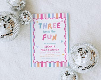 Girl 3rd Birthday Party Invitation, Three Times the Fun Birthday Party, Colorful Girl Third Birthday Invite, Colorful Striped Birthday Party