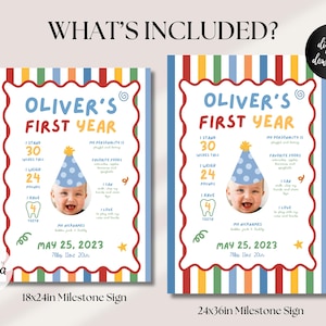 K&ouml;nnte beinhalten: Zwei Meilensteintafeln mit farbenfrohen Streifenr&auml;ndern. Die Schilder lauten "Oliver's First Year" und enthalten die Gr&ouml;&szlig;e, das Gewicht und andere Details des Babys. Die Schilder sind in den Gr&ouml;&szlig;en 45,7x61 cm und 61x91,4 cm erh&auml;ltlich. Digitaler Download.