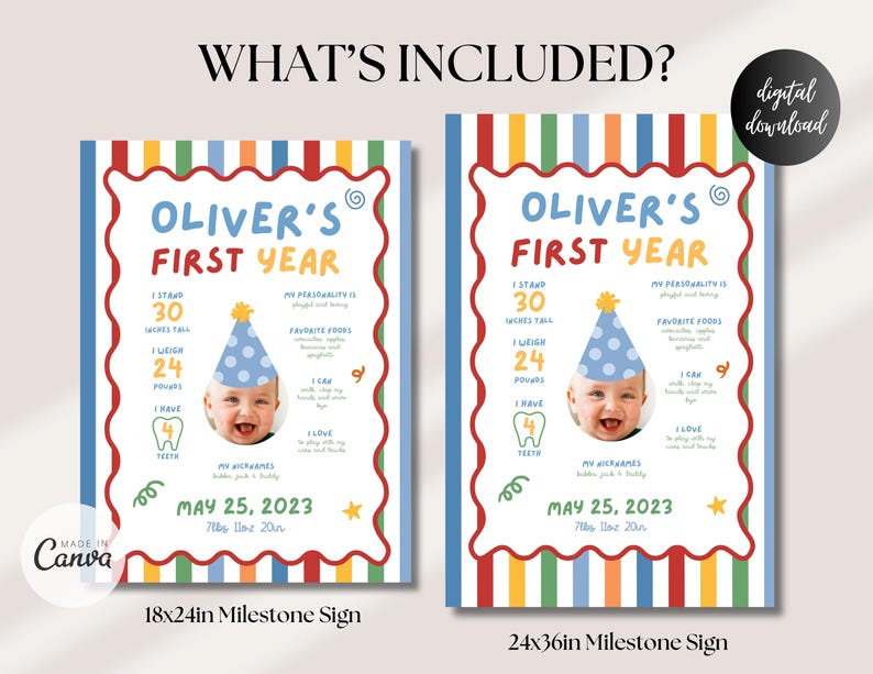K&ouml;nnte beinhalten: Zwei Meilensteintafeln mit farbenfrohen Streifenr&auml;ndern. Die Schilder lauten "Oliver's First Year" und enthalten die Gr&ouml;&szlig;e, das Gewicht und andere Details des Babys. Die Schilder sind in den Gr&ouml;&szlig;en 45,7x61 cm und 61x91,4 cm erh&auml;ltlich. Digitaler Download.