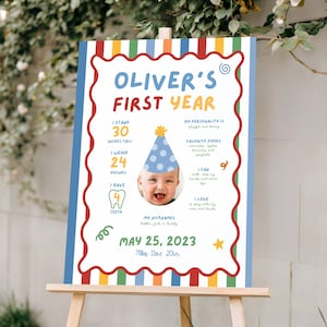K&ouml;nnte beinhalten: Ein farbenfrohes Schild auf einer Staffelei, das das erste Jahr eines Babys feiert. Das Schild enth&auml;lt den Text "Oliver's First Year", ein Babyfoto und Details: 76 cm gro&szlig;, 10,9 kg, 4 Z&auml;hne und das Datum 25. Mai 2023.