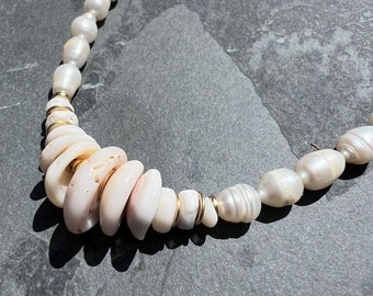 Hawaiian Puka Shells mixed with Freshwater Pearls & Gold-filled Donut Spacer Beads, Paired with 14kt Gold-fill Findings