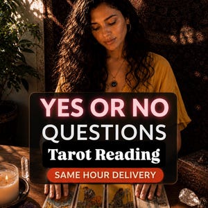 May include: A tarot reading service featuring four cards laid out on a wooden surface. The text reads YES OR NO QUESTIONS Tarot Reading SAME HOUR DELIVERY. The cards displayed are Wheel of Fortune, Strength, Seven of Swords, and Ace of Cups.