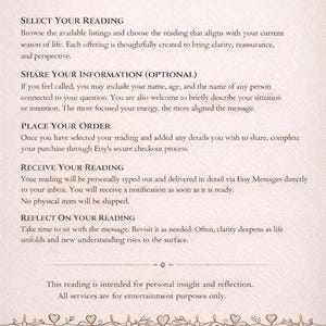 May include: An informational document titled How It Works? with a light beige background and decorative candle and heart illustrations at the top and bottom. The text outlines five steps for a reading service, including selection, information sharing, ordering, delivery via Etsy Messages, and reflection.