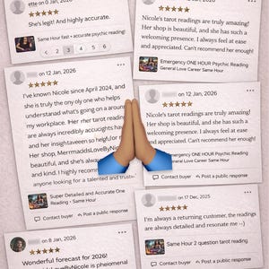 May include: A collection of six customer reviews for a psychic reading service displayed on a light background with a decorative border of hearts and candles. The reviews feature five-star ratings, user comments, and service titles like Emergency ONE HOUR Psychic Reading and Same Hour 2 question tarot reading. A pair of hands in a prayer position is centered over the reviews.