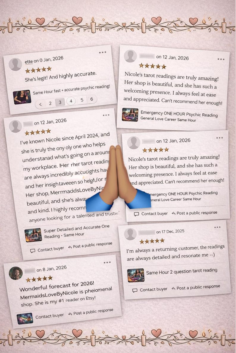 May include: A collection of six customer reviews for a psychic reading service displayed on a light background with a decorative border of hearts and candles. The reviews feature five-star ratings, user comments, and service titles like Emergency ONE HOUR Psychic Reading and Same Hour 2 question tarot reading. A pair of hands in a prayer position is centered over the reviews.