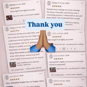 May include: A digital graphic titled Client Reviews featuring multiple five-star customer testimonials for tarot and psychic readings. The center displays the text Thank you with a pair of hands pressed together in a prayer gesture.