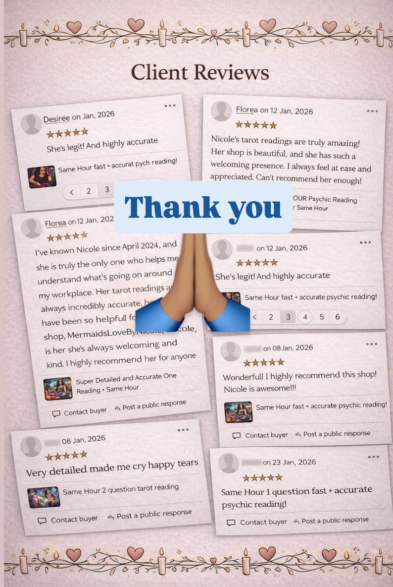May include: A digital graphic titled Client Reviews featuring multiple five-star customer testimonials for tarot and psychic readings. The center displays the text Thank you with a pair of hands pressed together in a prayer gesture.