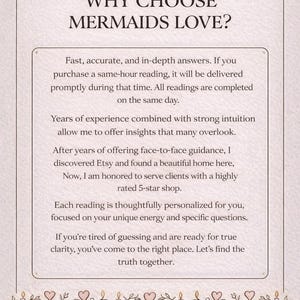 May include: A rectangular informational sign with a light beige background and dark brown text. The header reads WHY CHOOSE MERMAIDS LOVE? followed by several paragraphs detailing service offerings, experience, and client commitment. The border features decorative line art of candles, hearts, and vines.