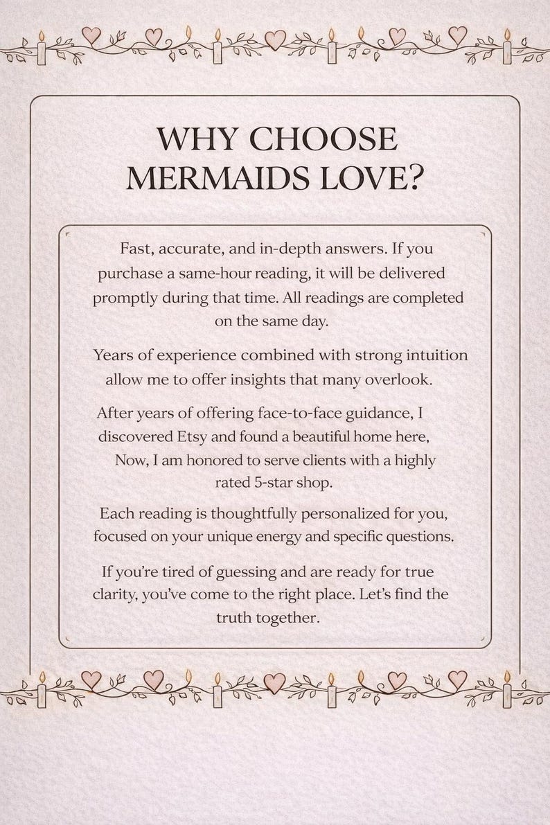 May include: A rectangular informational sign with a light beige background and dark brown text. The header reads WHY CHOOSE MERMAIDS LOVE? followed by several paragraphs detailing service offerings, experience, and client commitment. The border features decorative line art of candles, hearts, and vines.