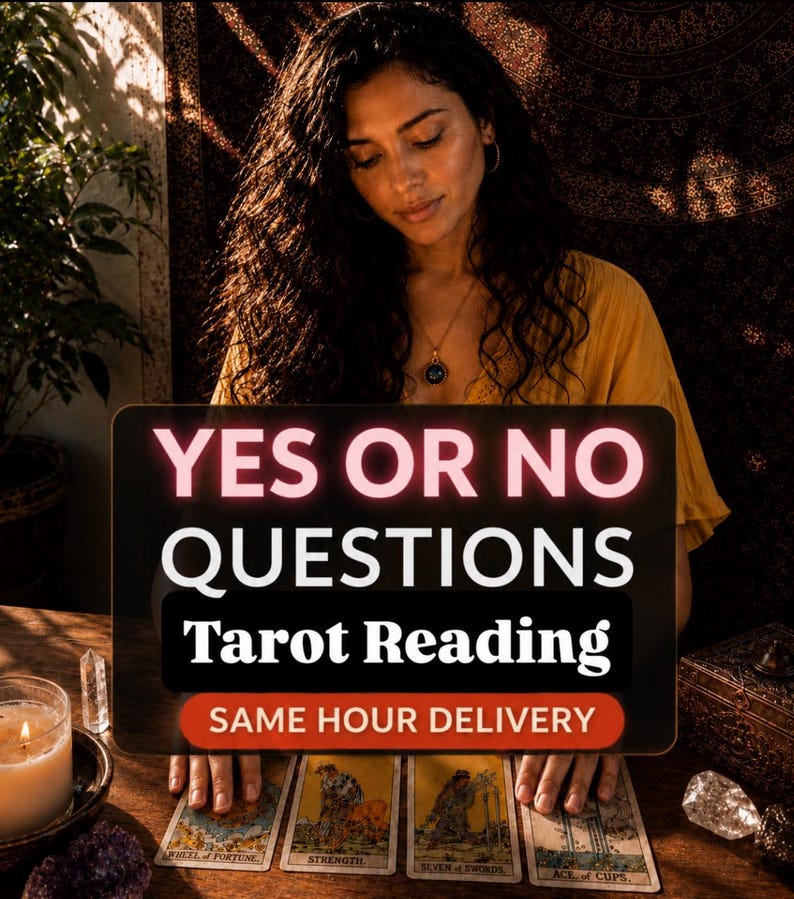 May include: A tarot reading service featuring four cards laid out on a wooden surface. The text reads YES OR NO QUESTIONS Tarot Reading SAME HOUR DELIVERY. The cards displayed are Wheel of Fortune, Strength, Seven of Swords, and Ace of Cups.