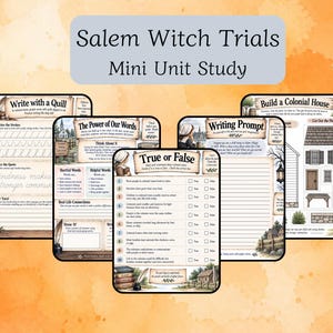 May include: A collection of educational worksheets titled Salem Witch Trials Mini Unit Study. The pages feature historical themes, including sections for quill writing practice, a true or false quiz, a writing prompt, and a colonial house craft.