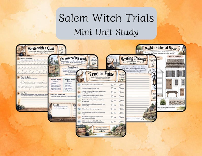 May include: A collection of educational worksheets titled Salem Witch Trials Mini Unit Study. The pages feature historical themes, including sections for quill writing practice, a true or false quiz, a writing prompt, and a colonial house craft.