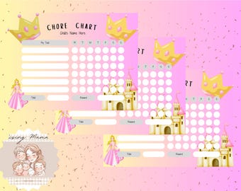 May include: Pink and yellow chore chart with princess and castle illustrations. The chart includes spaces for tasks, days of the week, totals, and rewards. The text "CHORE CHART" and "Child's Name Here" are visible.