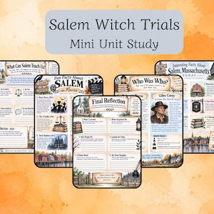 May include: A set of educational worksheets titled Salem Witch Trials Mini Unit Study. The pages feature historical information, reflection prompts, and illustrations including a church, scales of justice, books, and a portrait of Giles Corey.