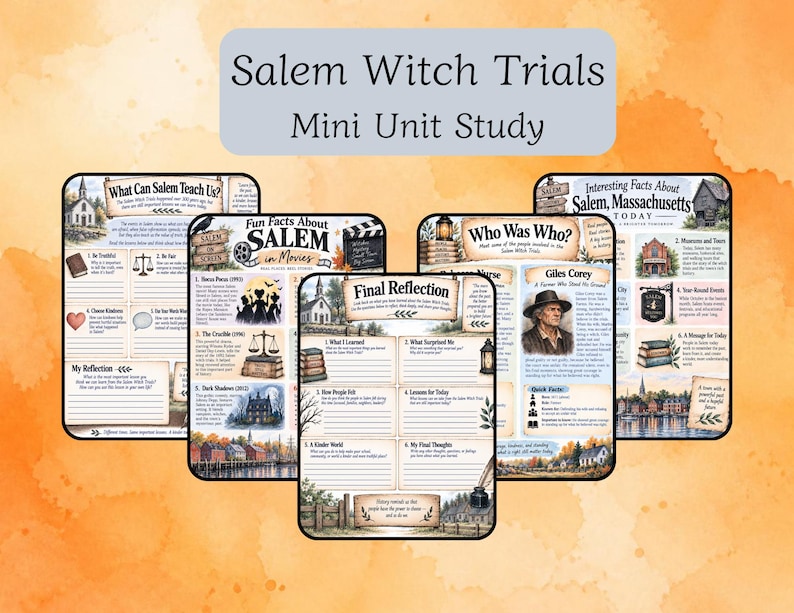 May include: A set of educational worksheets titled Salem Witch Trials Mini Unit Study. The pages feature historical information, reflection prompts, and illustrations including a church, scales of justice, books, and a portrait of Giles Corey.