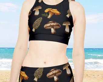 Racerback Bikini Set Mushroom Lover Women's 2-Piece Bathing Suit, Mommy and Me, Athletic Swimwear, Porcini, Morel, Shiitake, Chanterelle