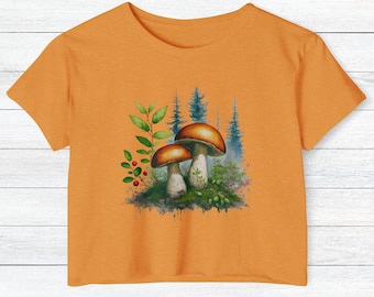 Svampig Crop Top: Cottagecore Festival-tröja med Bolete-mönster
