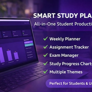 Puede incluir: Una computadora portátil muestra una interfaz de aplicación de planificador de estudios púrpura y blanca. La aplicación "SMART STUDY PLANNER" incluye un planificador semanal, un rastreador de tareas y un administrador de exámenes. Se muestran gráficos.