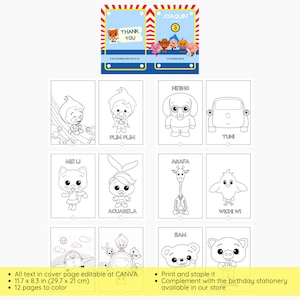 Puede incluir: Un libro para colorear de 12 p&aacute;ginas con personajes del programa infantil "Joaquin." La portada presenta una tarjeta de t&iacute;tulo con el nombre "Joaquin" y el n&uacute;mero "3." El libro incluye ilustraciones en blanco y negro de personajes como "Mei Li," "Plim Plim," "Nesho," "Arafa," "Bam," "Tuni" y "Wichi Wi." El texto de la p&aacute;gina de portada es editable en Canva. El libro mide 11,7 pulgadas por 8,3 pulgadas (29,7 cm por 21 cm).