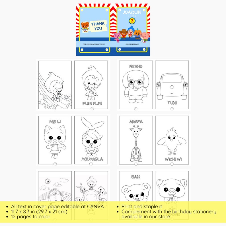 Puede incluir: Un libro para colorear de 12 p&aacute;ginas con personajes del programa infantil "Joaquin." La portada presenta una tarjeta de t&iacute;tulo con el nombre "Joaquin" y el n&uacute;mero "3." El libro incluye ilustraciones en blanco y negro de personajes como "Mei Li," "Plim Plim," "Nesho," "Arafa," "Bam," "Tuni" y "Wichi Wi." El texto de la p&aacute;gina de portada es editable en Canva. El libro mide 11,7 pulgadas por 8,3 pulgadas (29,7 cm por 21 cm).
