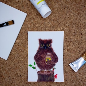 Chouette avec tasse à café, carte postale, carte de voeux