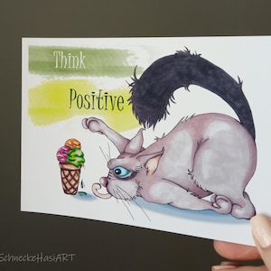 Pensa positivo, Biglietto d'auguri, Cartolina, Gatto pazzo e divertente con gelato, Carta regalo