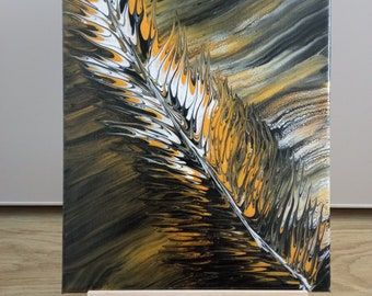 Feder in Schwarz-Gold Farben, Original, Acrylbild auf Leinwand, Acrylic Fluid Pouring, Fluid Painting, Flüssiger Art, Moderne Wanddekoration