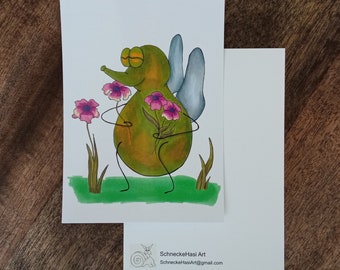 Fliege genießt Blumen, Postkarte, Grußkarte, Illustration, Insekt