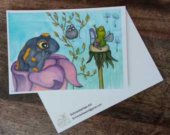 Fliege, Spinne und Salamander, Postkarte, Grußkarte, Illustration