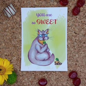 Tu es si gentil, ce chat mignon aime manger des bonbons, carte de vœux, carte postale, carte amusante