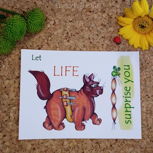 Lascia che la vita ti sorprenda, Biglietto d'auguri, Cartolina, Gatto carino, Biglietto divertente, Carta regalo