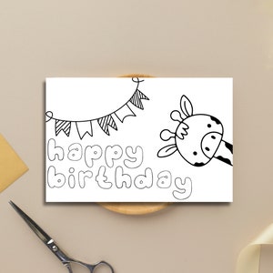 Carte d'anniversaire à imprimer pour enfants, carte de voeux animal mignon à colorier, carte vierge personnalisable pour amoureux des animaux, girafe mignonne à colorier