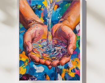 Hands Holding Water Digital Art: Colorful Abstract Print