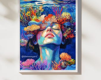Underwater Goddess AI Art Print: Bold Ocean Fantasy Decor (Digital Download)