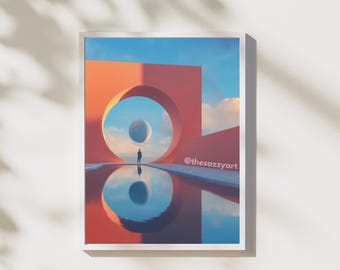 Geometric Sunset Print: Surreal Pink Architecture, Modern Sky Portal (Digital Download)